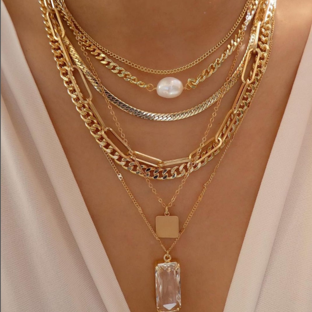 bls-miracle Bohemia Gold Color Multiple Styles Necklace For Women Multi-Layer Crystal Pendant Necklaces Set Jewelry Gifts