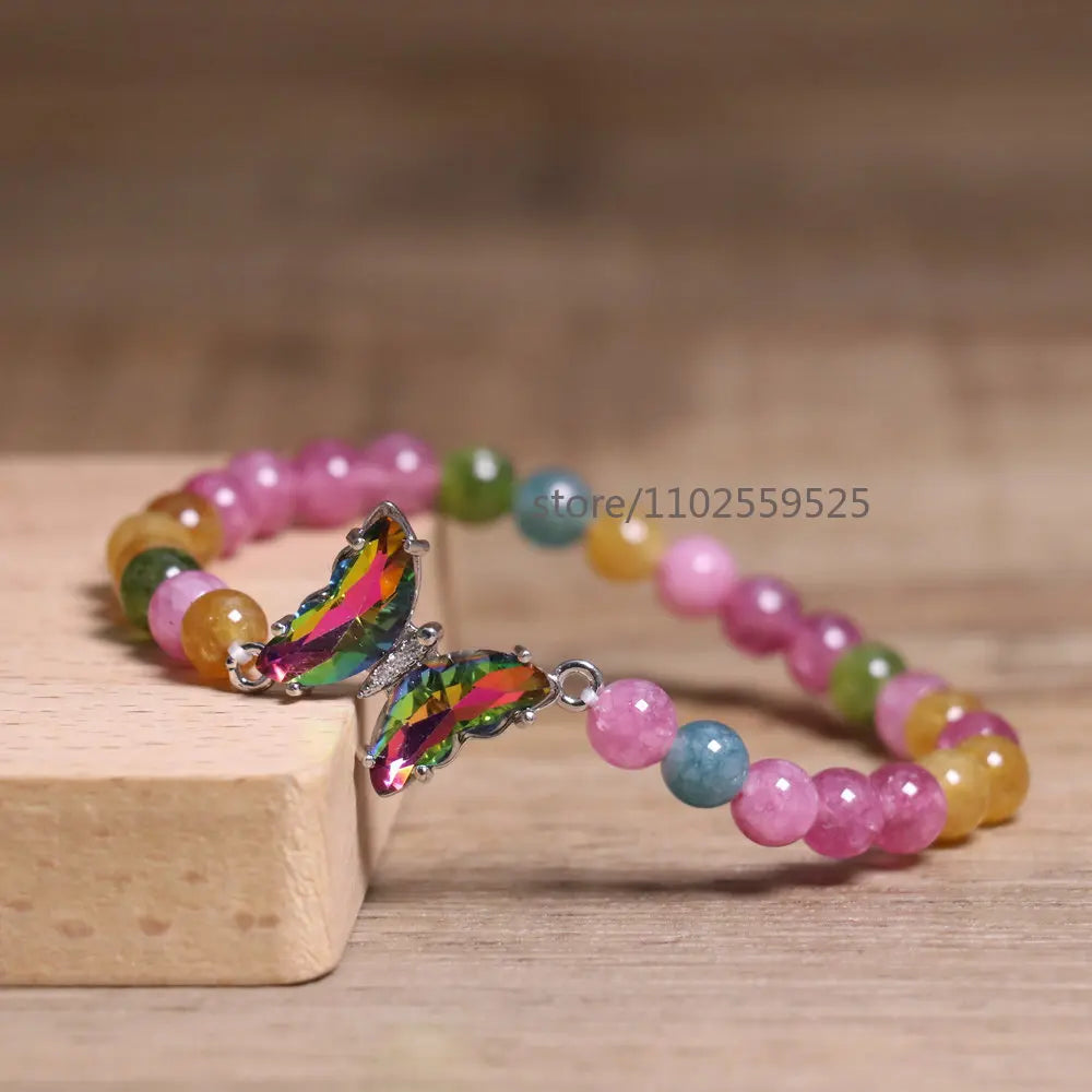 Natural Rainbow tourmaline Agate Beaded Bracelet Adjustable Butterfly Charm Bracelet Women Boho Chic Stackable Jewelry Gift - Charlie Dolly