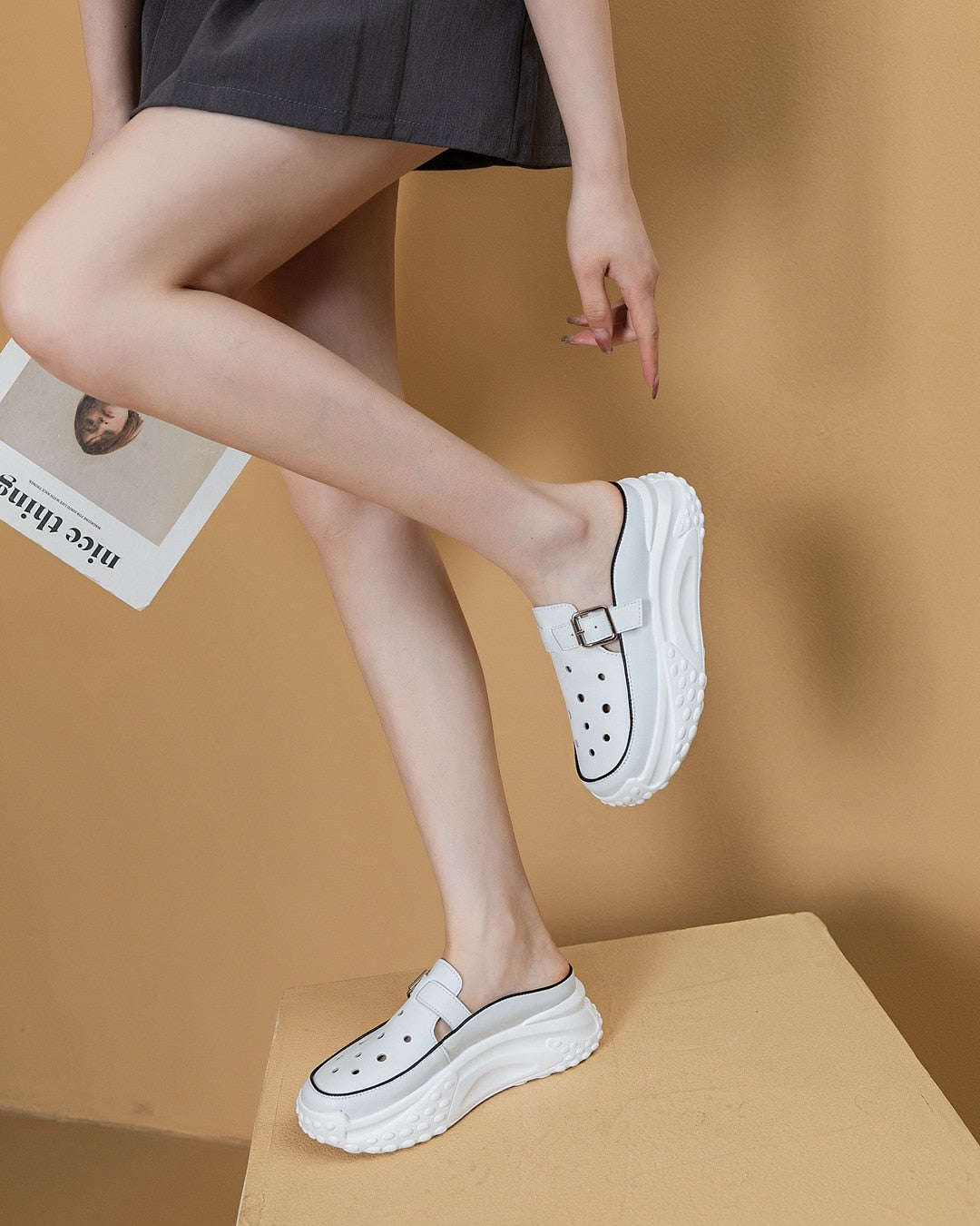 Fujin 6cm Cow Genuine Leather Platform Wedge Casual Chunky Sneaker Women Summer Hollow Female Women Mules Shoes Sandals Slippers