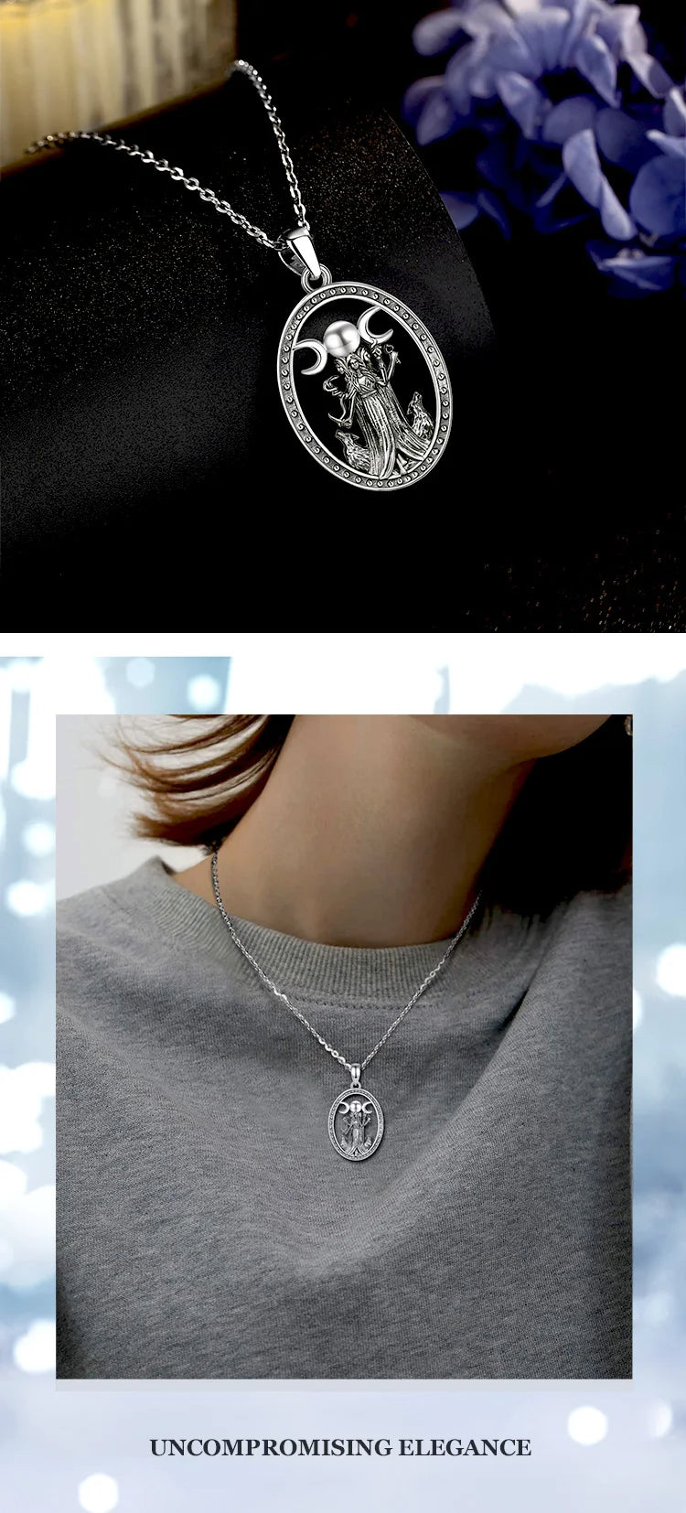 Hecate Triple Moon Goddess Necklace, S925 Sterling Silver