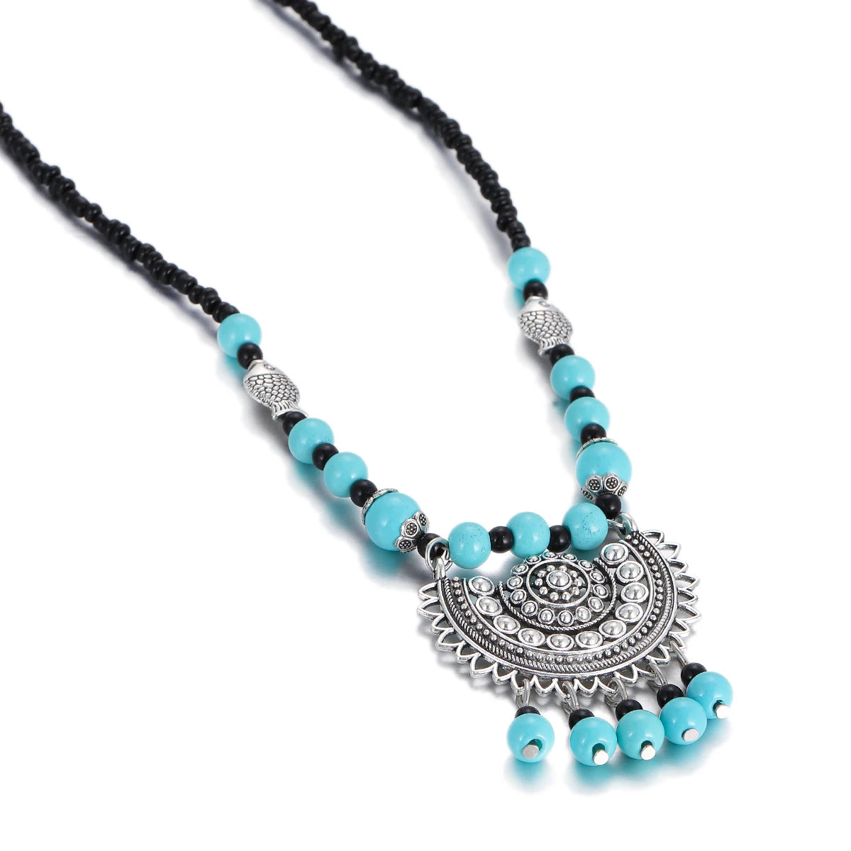 Flower Bead Turquoise Tassel Long Necklace Jewelry