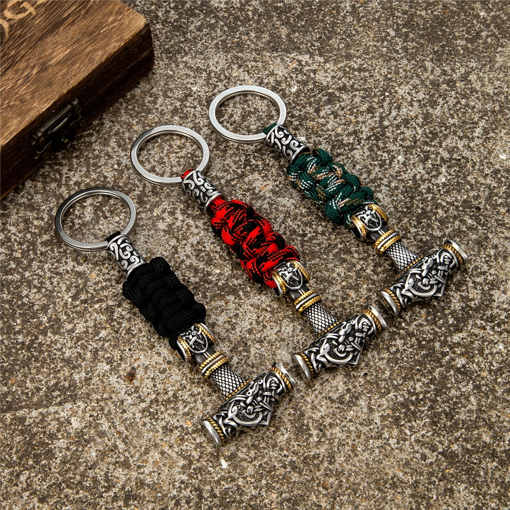 Norse Thor's Hammer Vikings Keychain Men Charm Braided Lanyard Stainless Steel Keyring Valknut Rune Handmade Retro Jewelry