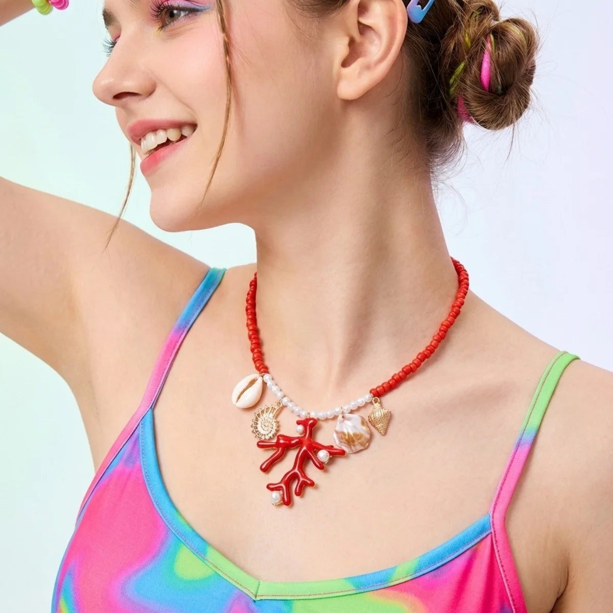 Coral, Rice Bead and Shell Boho Necklace, Earring or Ring