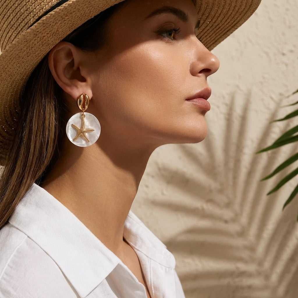 Tropical Cowrie Shell and Pearl Starfish Drop Earrings