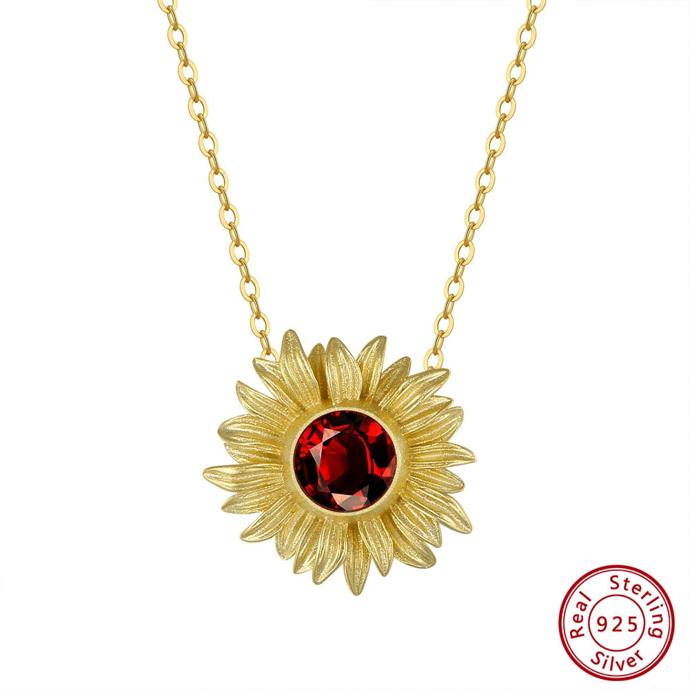 ORSA JEWELS Genuine Natural Garnet 925 Silver Sunflower Design Pendant Necklace for Women Fashion Gemstone Jewelry Gift GMN22