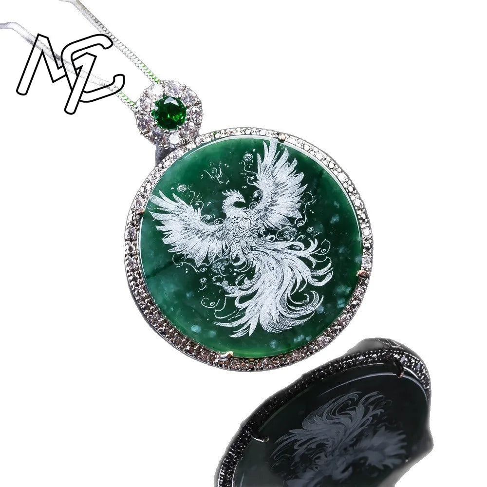 Phoenix Emerald Shadow-Carved S925 Silver Pendant, Sacred Rebirth Amulet