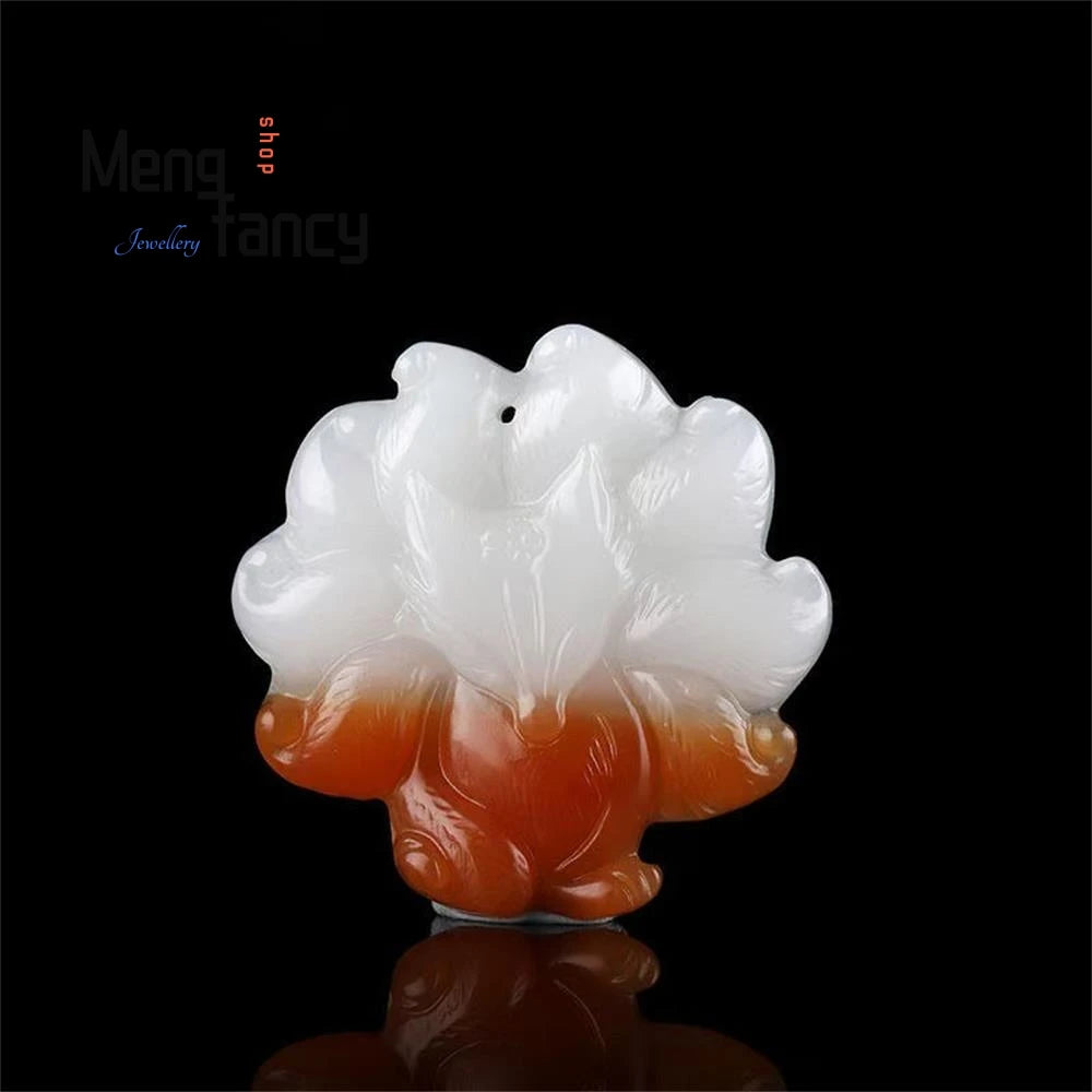 Nine-Tailed Fox Hetian Jade Pendant, Kitsune Sacred Amulet Necklace