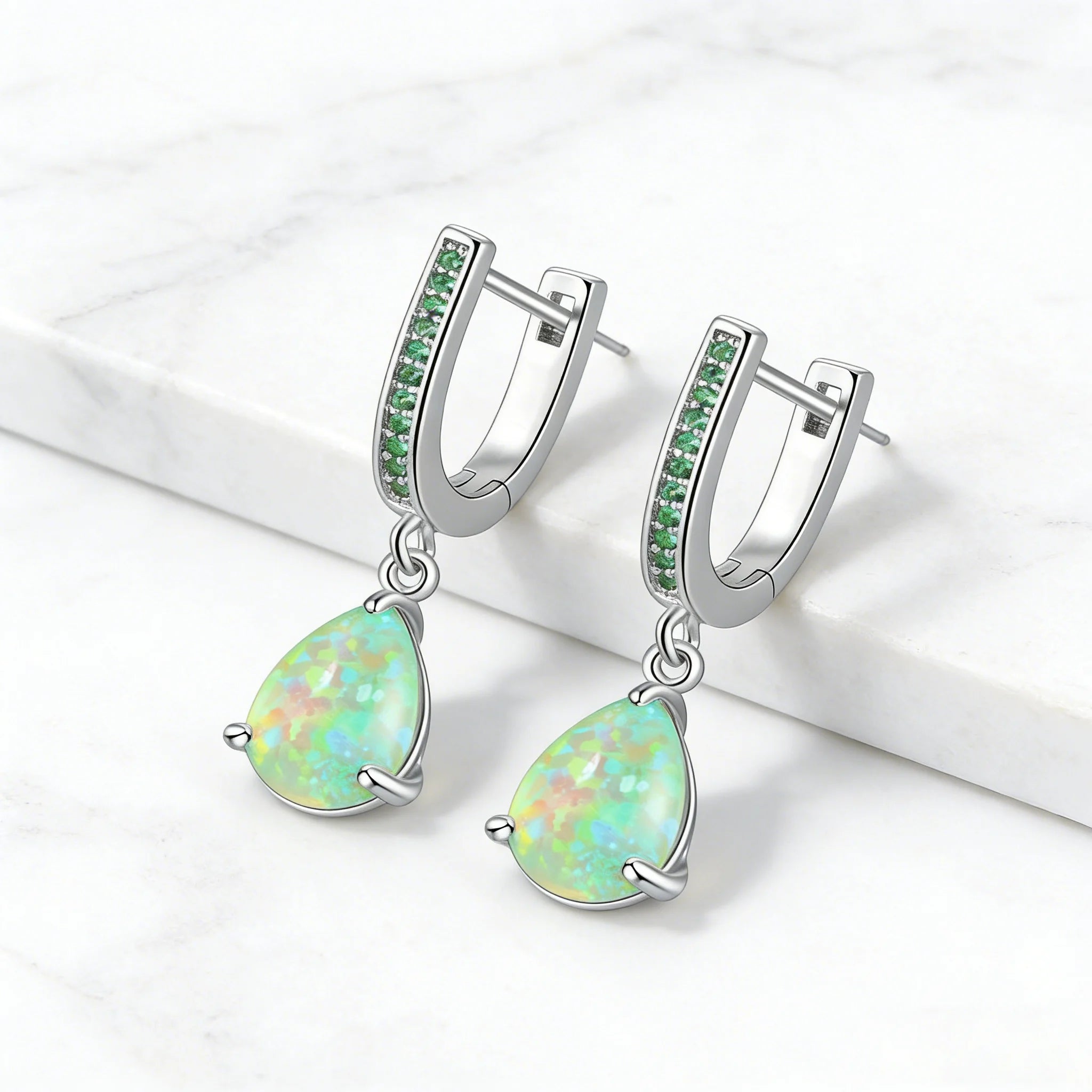 Green Fire Opal Teardrop Statement Earrings Jewelry