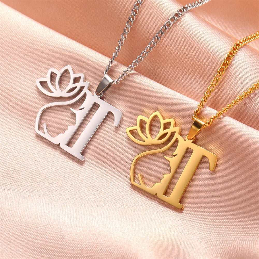 Lotus Flower Initial Letter Pendant, Personalized Stainless Steel Necklace