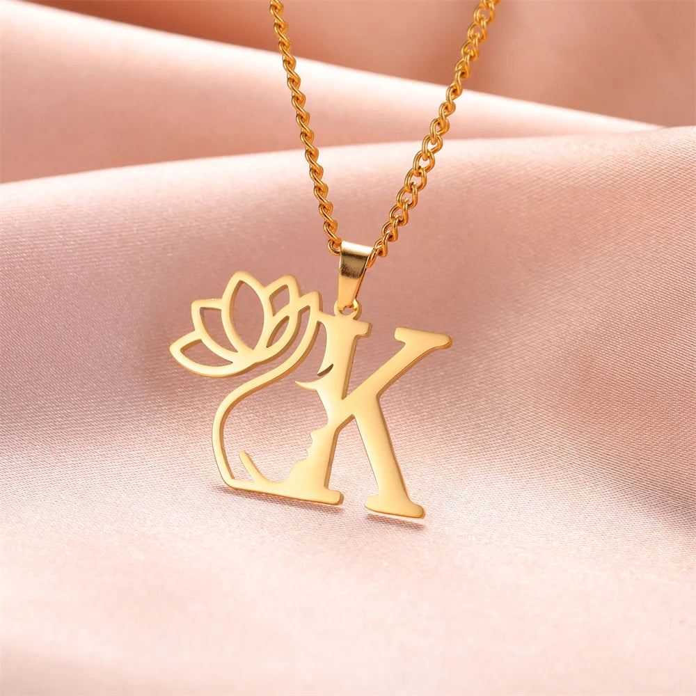 Lotus Flower Initial Letter Pendant, Personalized Stainless Steel Necklace