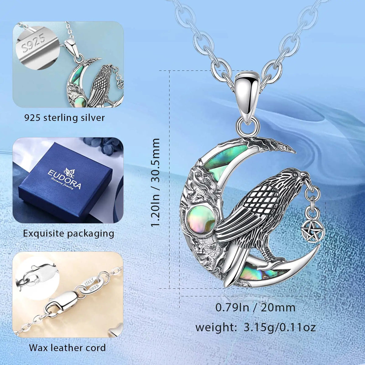 Sterling Silver 925 Viking Raven & Pentagram Moon Necklace, Abalone Shell Amulet