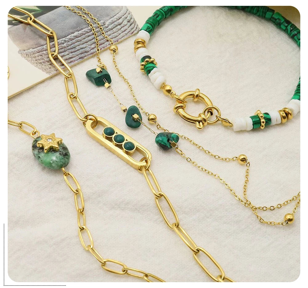 WILD & FREE Boho Vintage Green Natural Stone Bracelets for Women Stainless Steel Trendy Charms Aesthetic Jewelry Set - Charlie Dolly