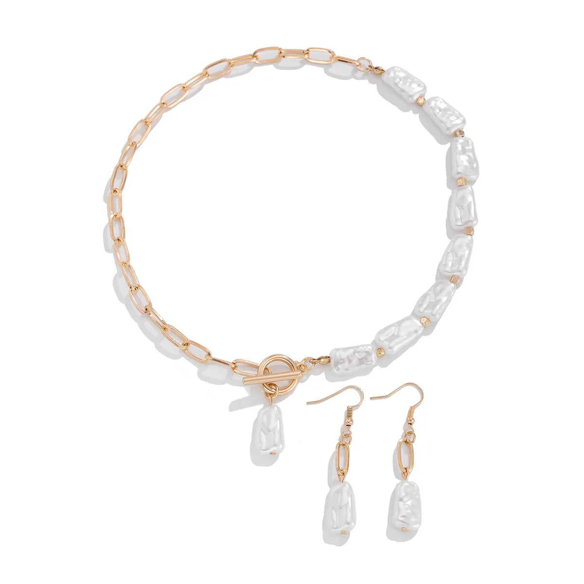 Square Pearl and Cross Chain Boho Necklace, Earring and Bracelet Set