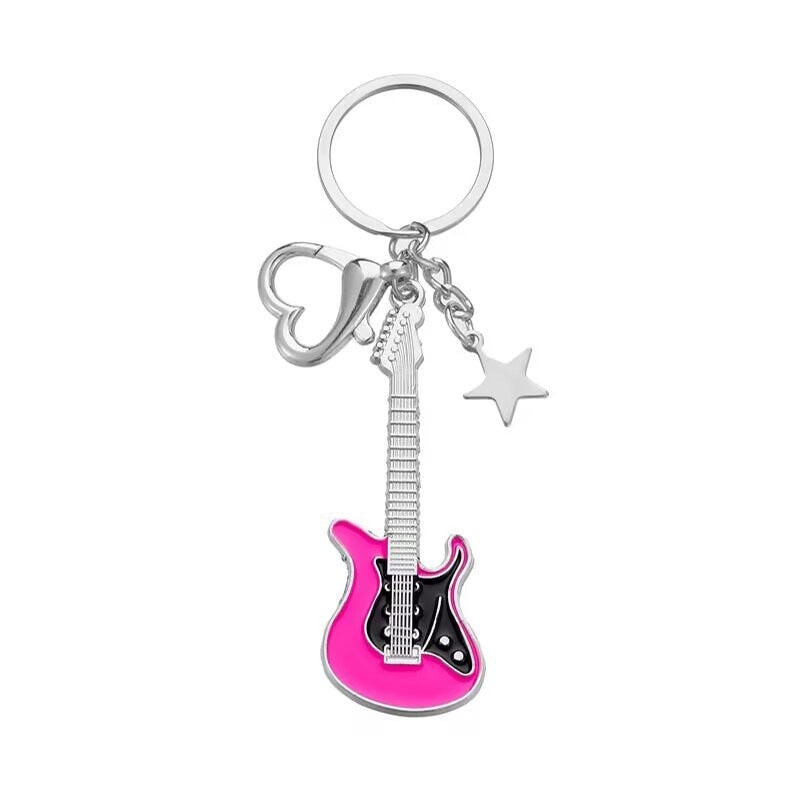 4 Colors Mini Cute Guitar Love Heart Star Keychain for Women Men Cool Car Key Chain Bag Pendant Vintage Aesthetic Y2k Accessory