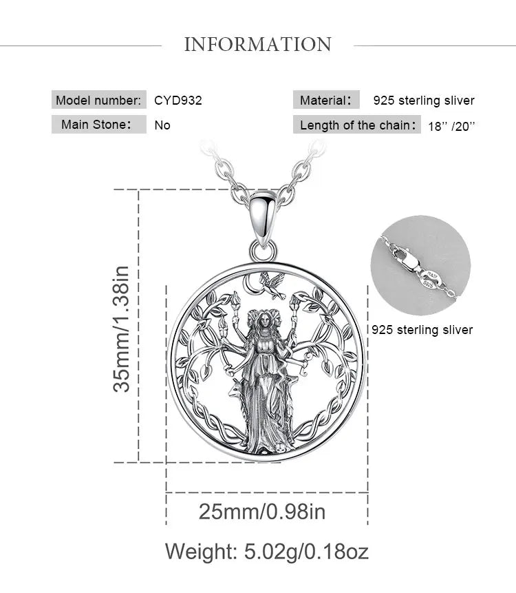 Triple Moon Goddess Hecate Amulet Necklace, S925 Sterling Silver