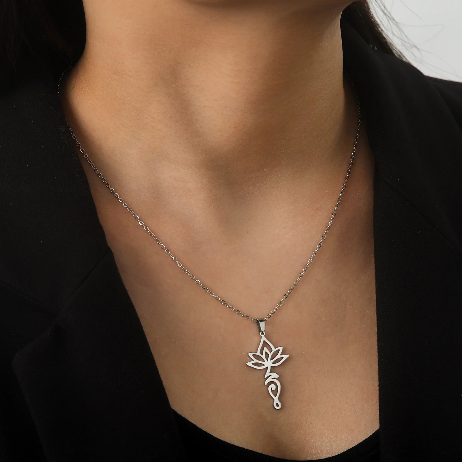 Lotus & Unalome Chakra Pendant, Stainless Steel Sacred Path Necklace