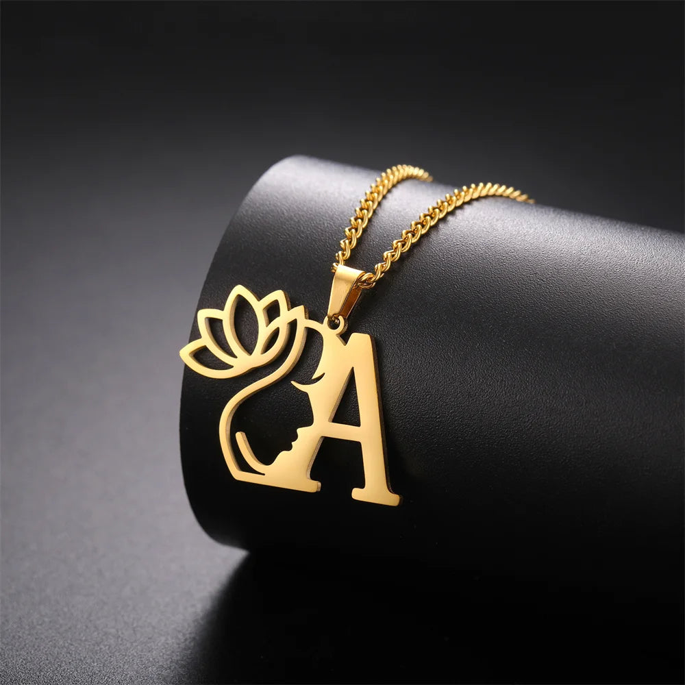 Lotus Flower Initial Letter Pendant, Personalized Stainless Steel Necklace