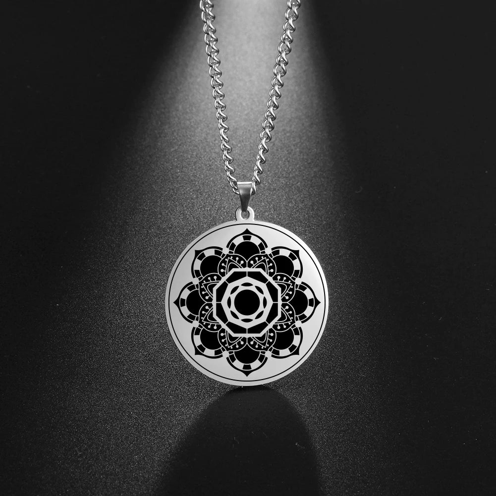 Lotus Chakra Mandala Pendant Necklace, Stainless Steel Buddhist Hindu Meditation Amulet