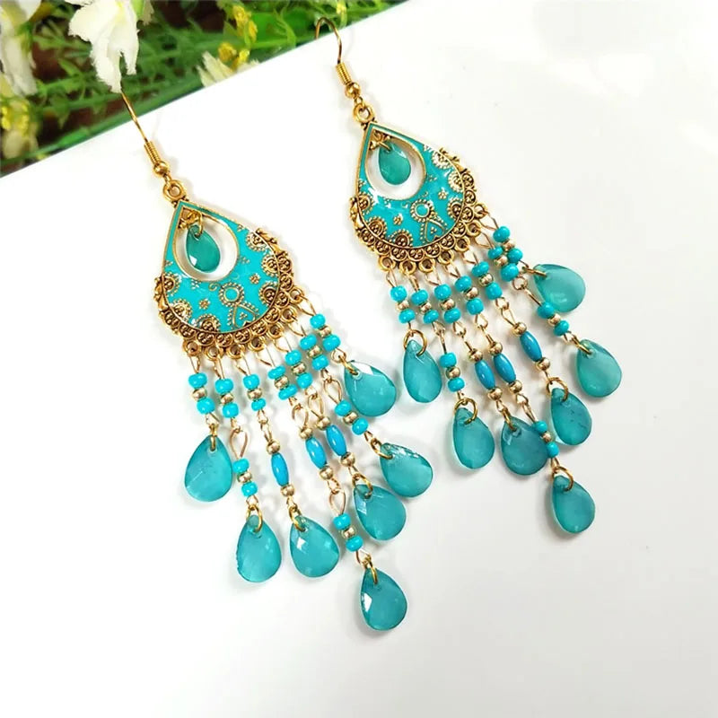 Acrylic Waterdrop Bead Tassel Long Earrings Jewelry