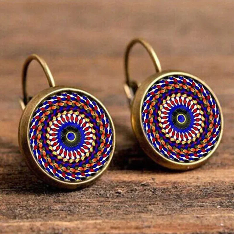 Vintage Flower Pattern Round Drop Earrings, Bohemian Boho Jewelry
