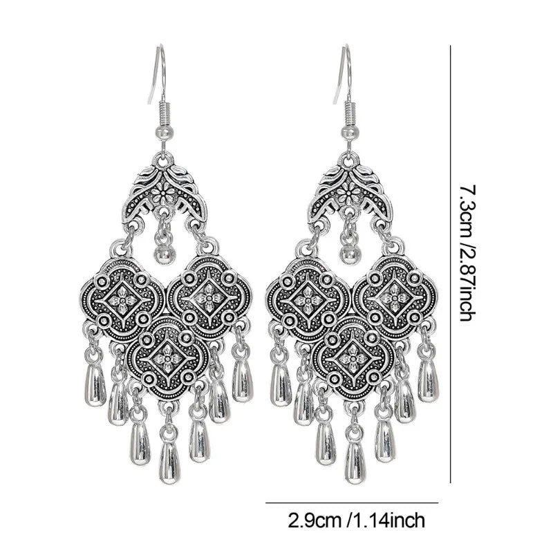 Antique Hollow Pattern Tassel Ethnic Earrings Jewelry