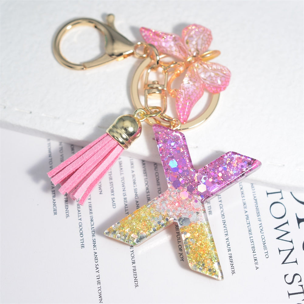 Cute Resin A-Z Initials Letter Keychain Pink Sparkle Butterfly Tassel Pendant Keyring for Women Girl Purse Handbags Jewelry Gift - Charlie Dolly