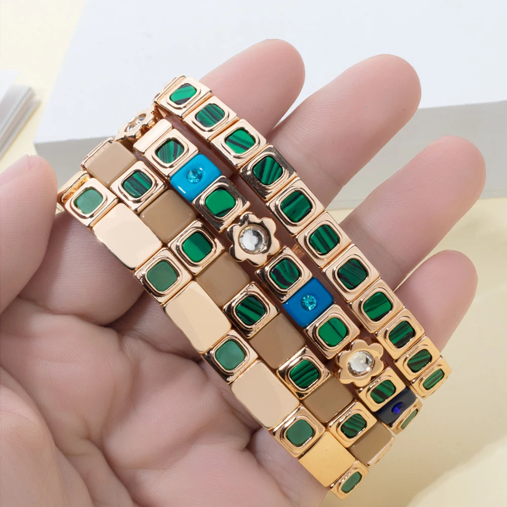 2023 New Design 8x8mm Inlaid Nature Stone Bracelets For Women Gold Color Boho Elastic Bangle Handmade Inlaid Diamond Jewelry - Charlie Dolly