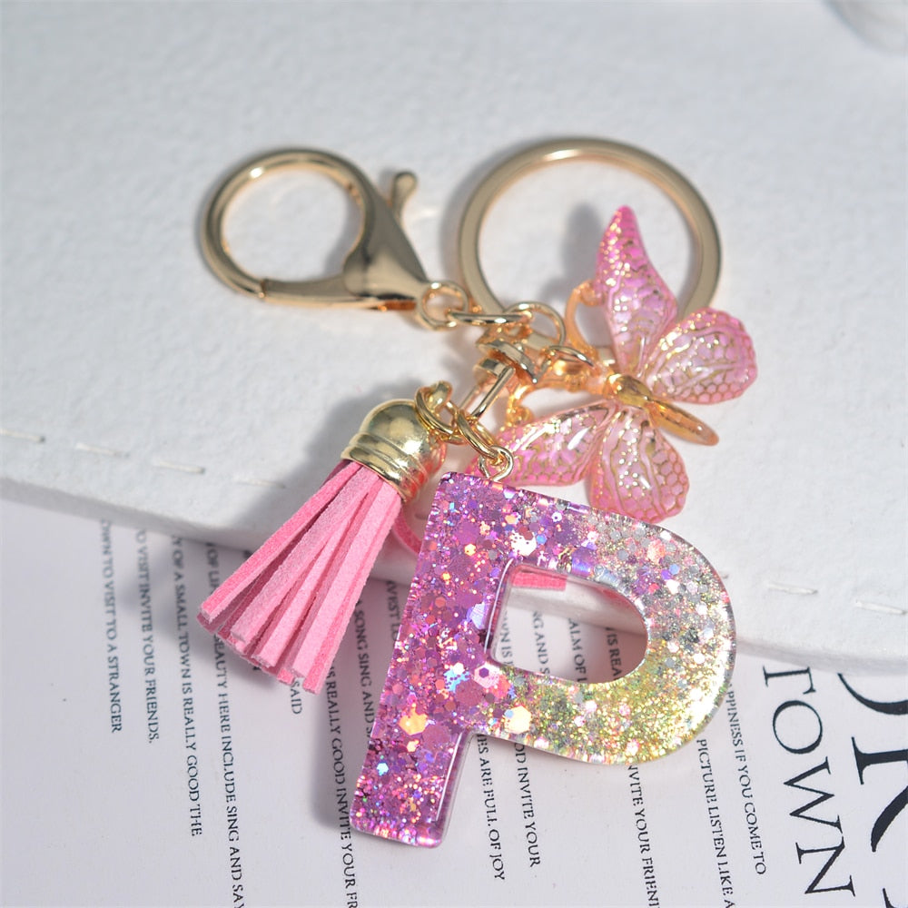 Cute Resin A-Z Initials Letter Keychain Pink Sparkle Butterfly Tassel Pendant Keyring for Women Girl Purse Handbags Jewelry Gift - Charlie Dolly