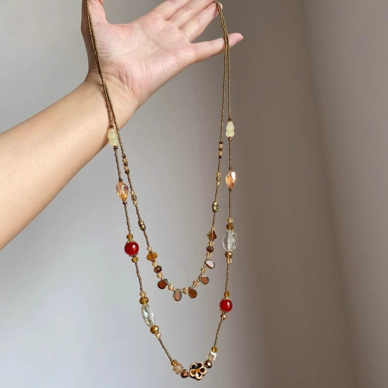 Ceramic Flower Glass Droplet Layered Necklace Jewelry