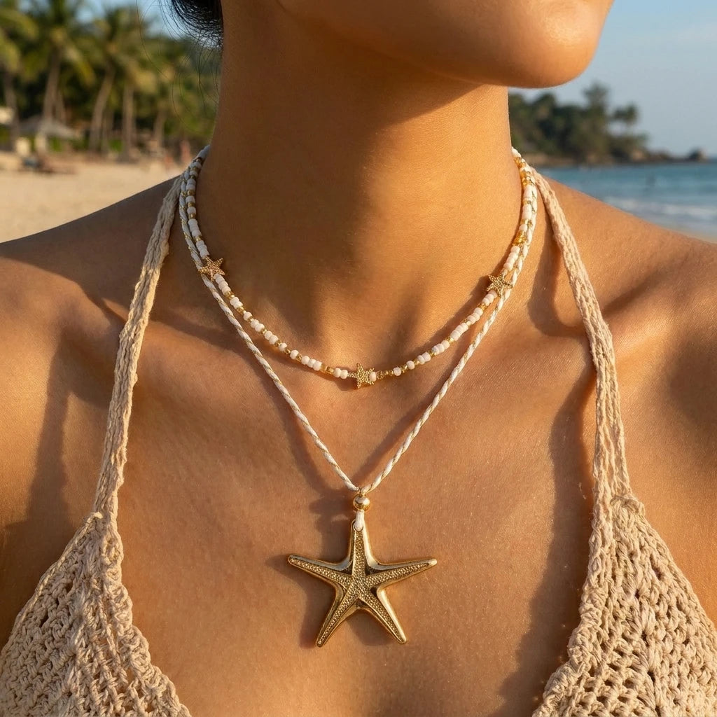 Gold Starfish Seed Bead Rope Choker Necklace Jewelry
