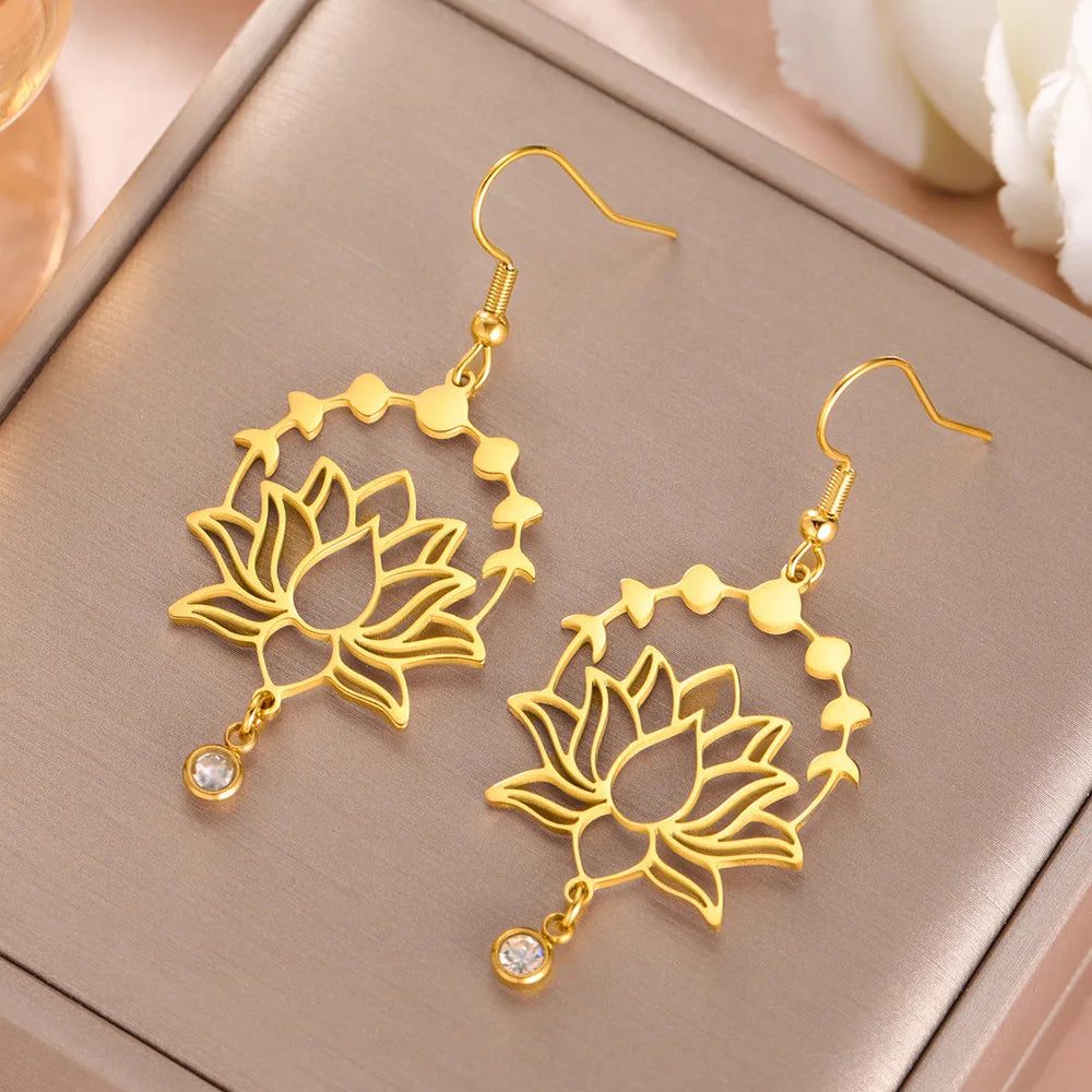 Moon Phase Lotus Dangle Earrings