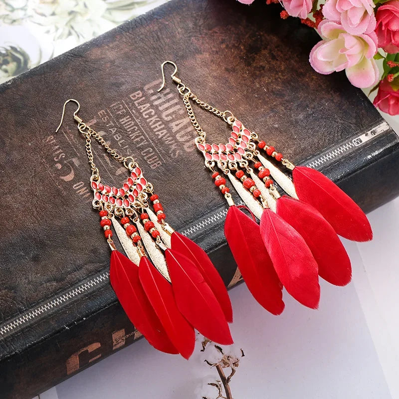 Feather Colorful Bead Long Tassel Earrings Jewelry