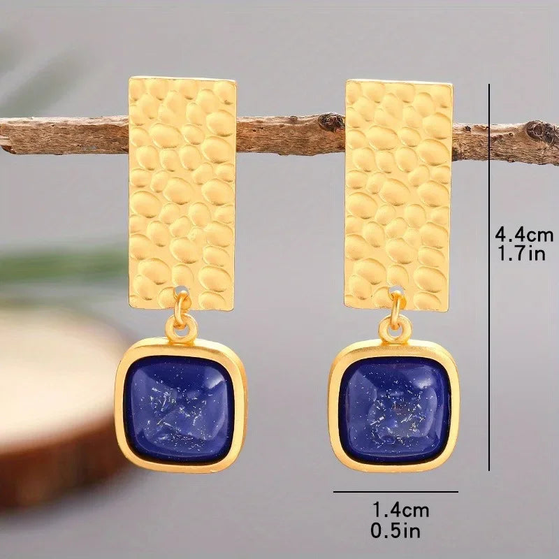 Boho Lapis Lazuli Square Shape Drop Dangle Earrings Retro Style Golden Women's Jewelry - Charlie Dolly