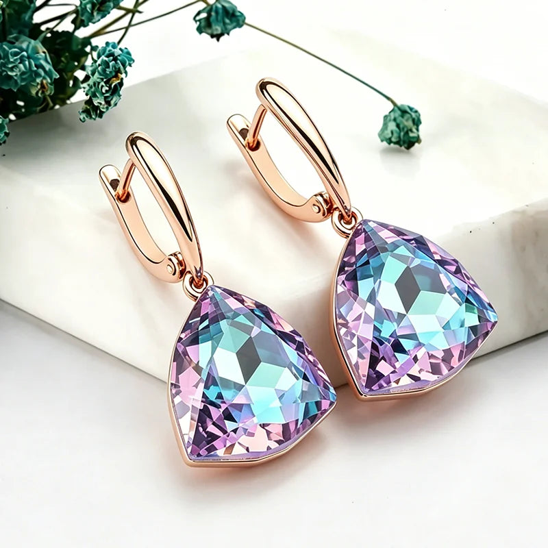 Colorful Zircon Long Drop Earrings, Rose Gold Statement Sparkle Jewelry