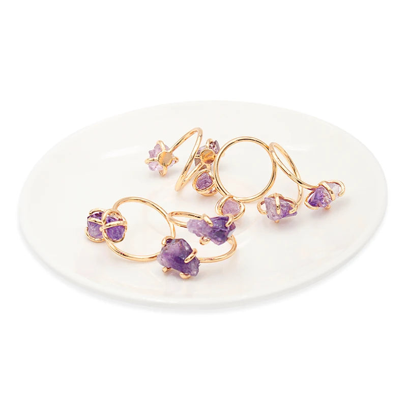 Irregular Amethyst Crystal Open Ring for Women Girls Claw Setting Gold-color Boho Natural Stone Finger Jewelry Resizable - Charlie Dolly