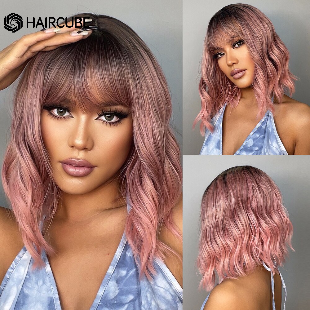 Medium Length Water Wave Synthetic Wigs Cute Pink Wigs With Bangs for Women Cosplay Natural Heat Resistant Bob Lolita Hair