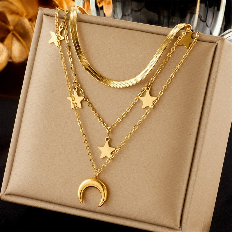 DIEYURO 316L Stainless Steel Butterfly Moon Lock Blue Eyes Pendant Necklace For Women Multilayer Choker Chain Jewelry Gifts - Charlie Dolly