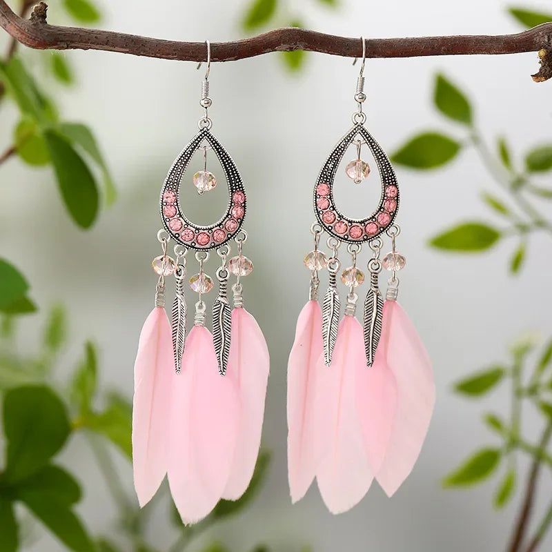 Feather Crystal Tassel Boho Dangle Earrings Jewelry