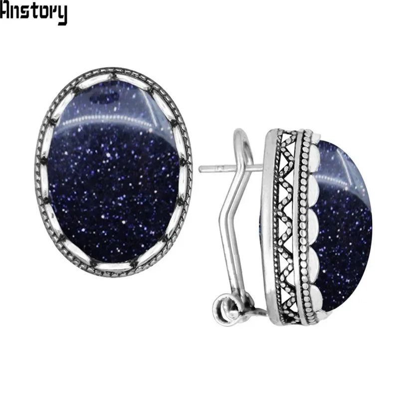 Oval Natural Lapis Lazuli Tiger Eye Pink Quartz Jades Blue Sequins Earrings Antique Sliver Plated Fashion Jewelry For Women - Charlie Dolly