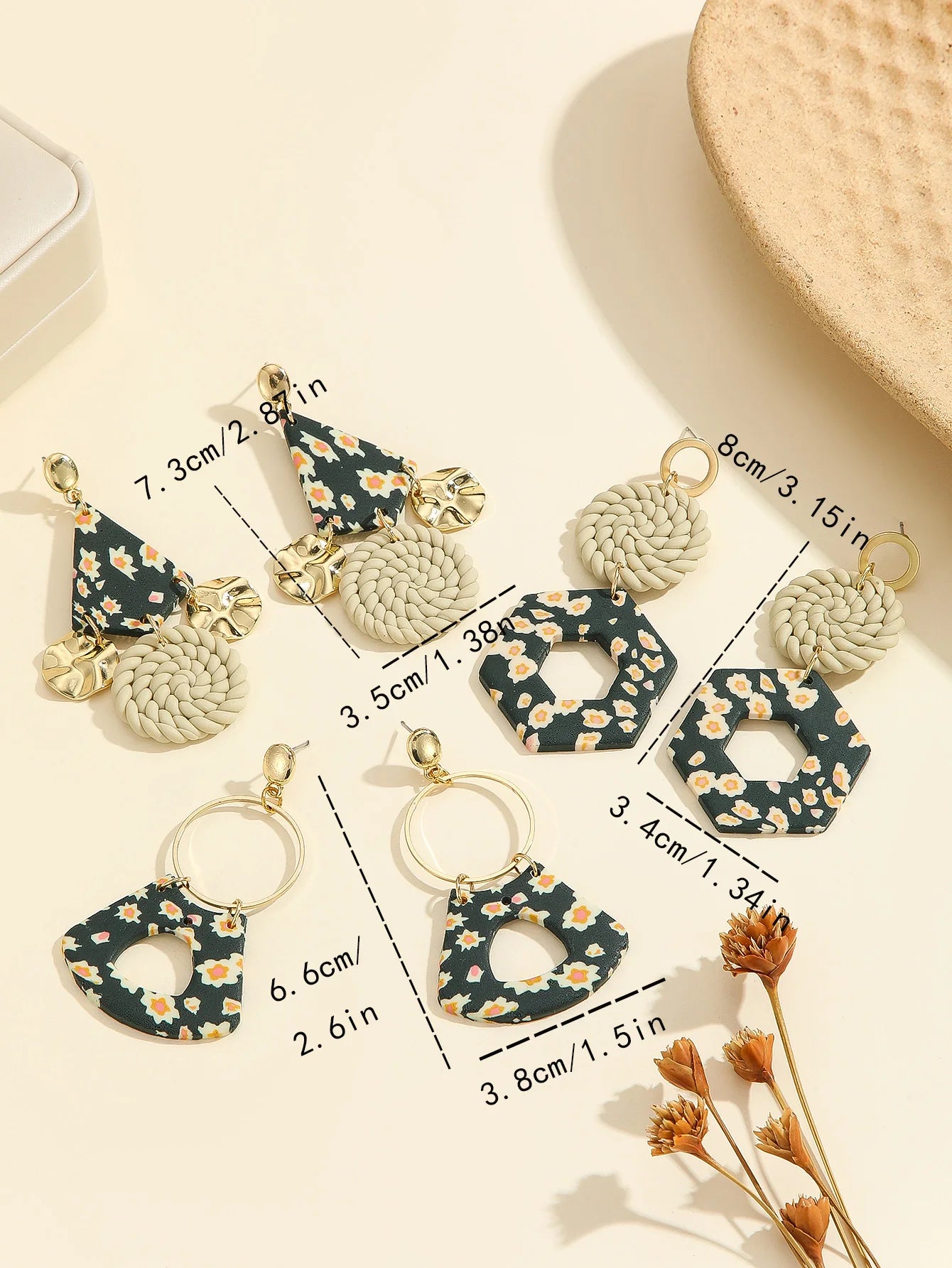 Floral Geometric Polymer Clay Statement Earrings Jewelry