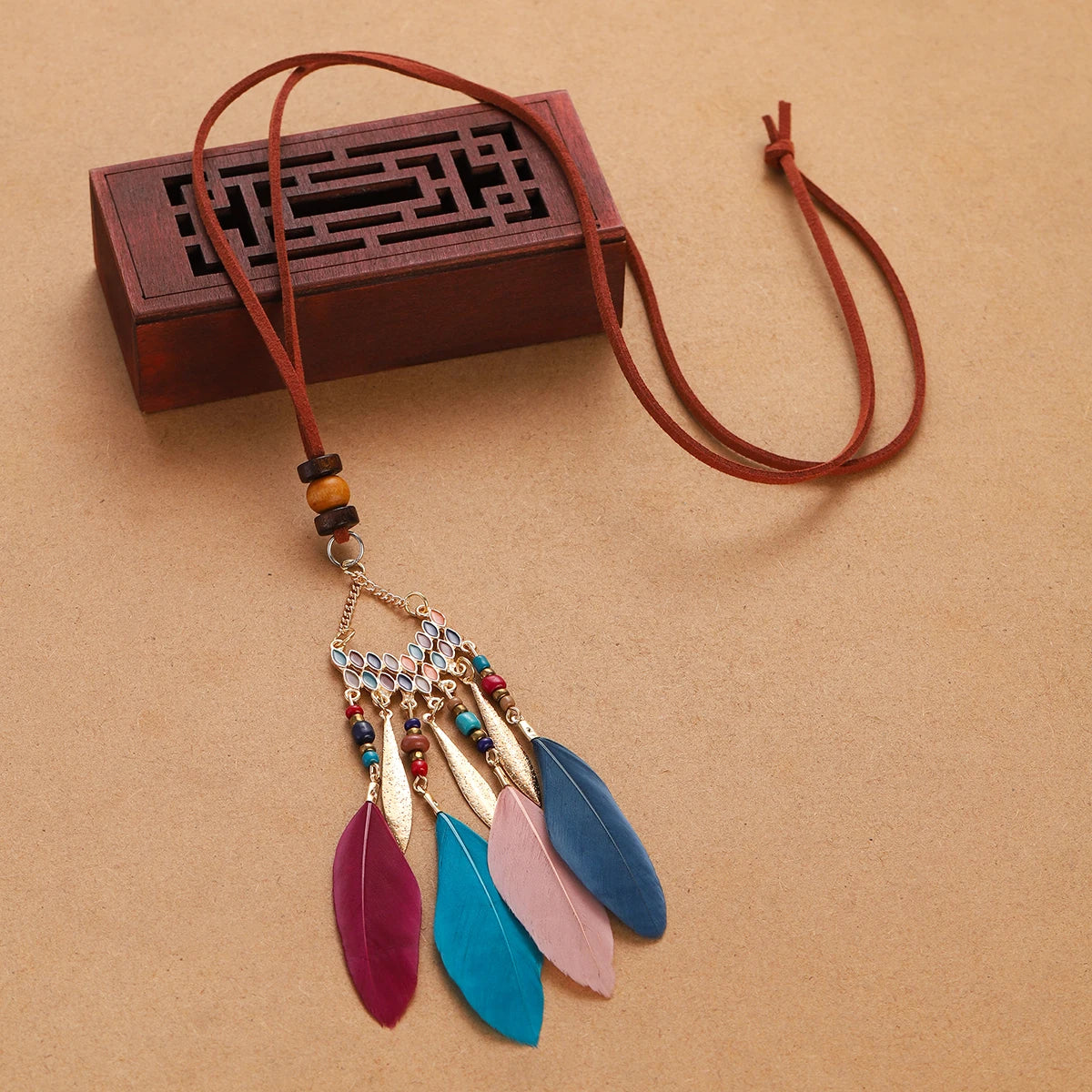Rope Bead Feather Pendant Long Necklace Jewelry