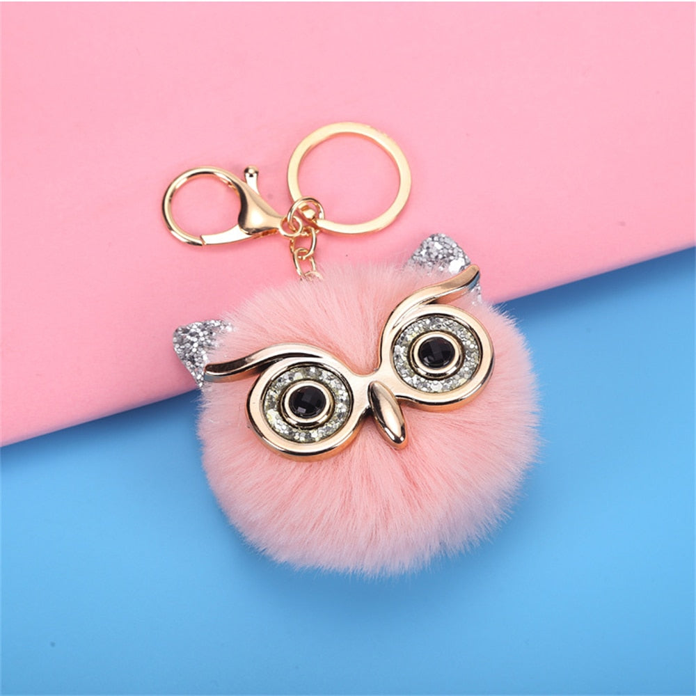 Cartoon Plush Owl Keychain With Sequin Girls Backpack Ornaments Fashion Soft Fluffy Pompom Animal Key Rings For Ladies Gifts