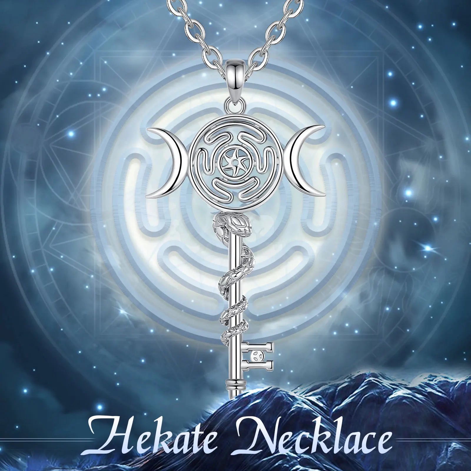 Sterling Silver 925 Hekate Wheel Triple Moon Goddess Necklace, Snake Key Witch Amulet