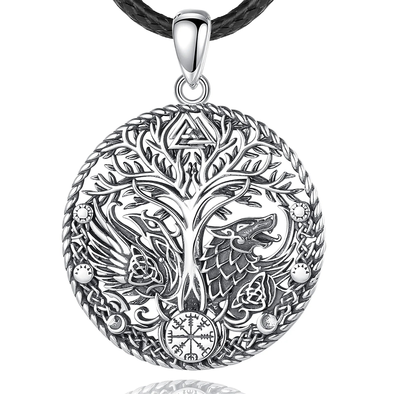 S925 Sterling Silver Viking Raven Wolf Pendant Necklace, Celtic Knot Tree of Life Compass Amulet