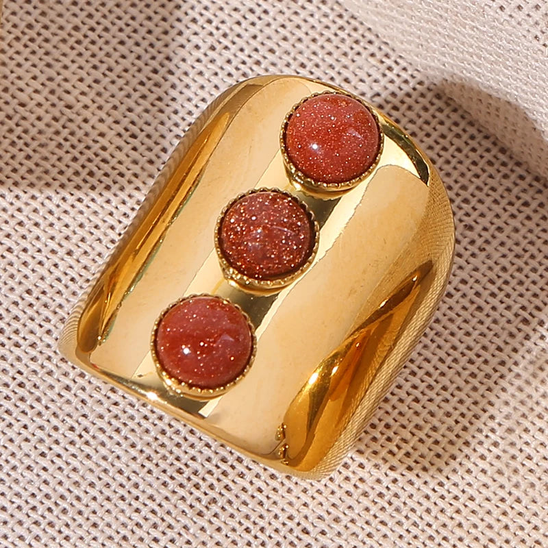 Vintage Wide Three Natural Stone Rings For Women Girls Retro Open Boho Bohemian Stainless Steel Ring Wedding Engagement Jewelry - Charlie Dolly