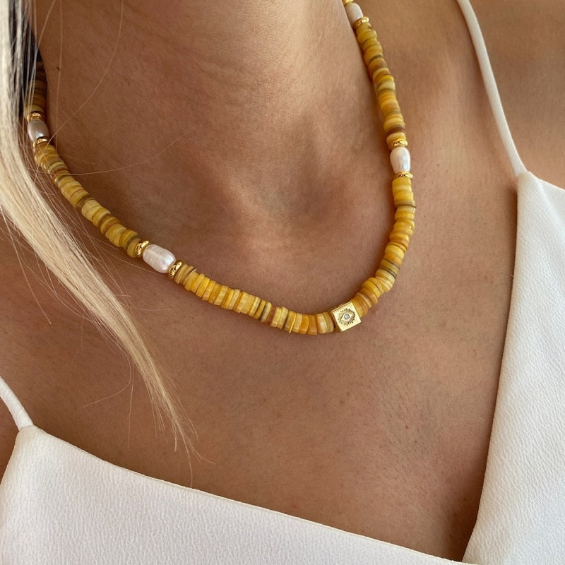 Natural Freshwater Pearl Necklace Boho Multilayer Matching Fashion Jewelry crystal Stone Women