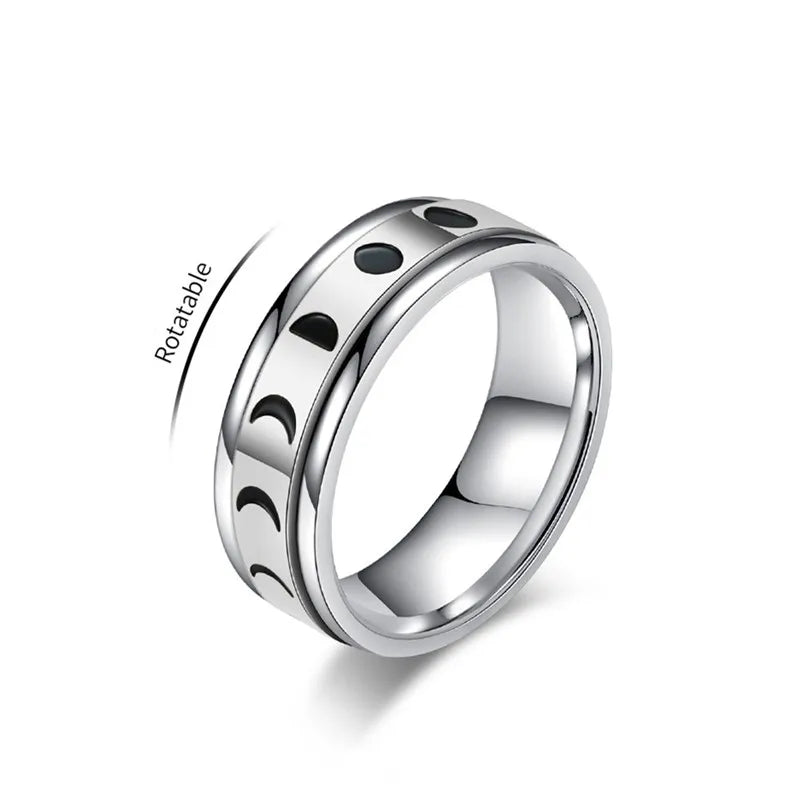Moon Phase Spinner Ring, Stainless Steel Fidget Witchy Amulet