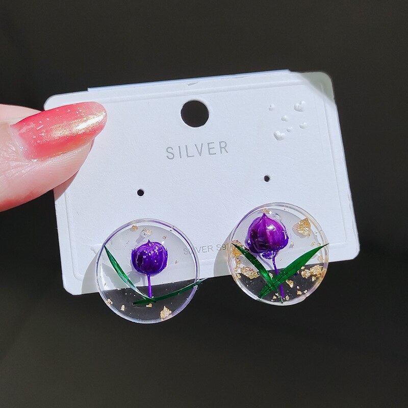 Creative Real Flower Earring Unique Round Dried Flower Drop Earrings Real Floral Sweet Earring For Women Gifts Summer Jewelry