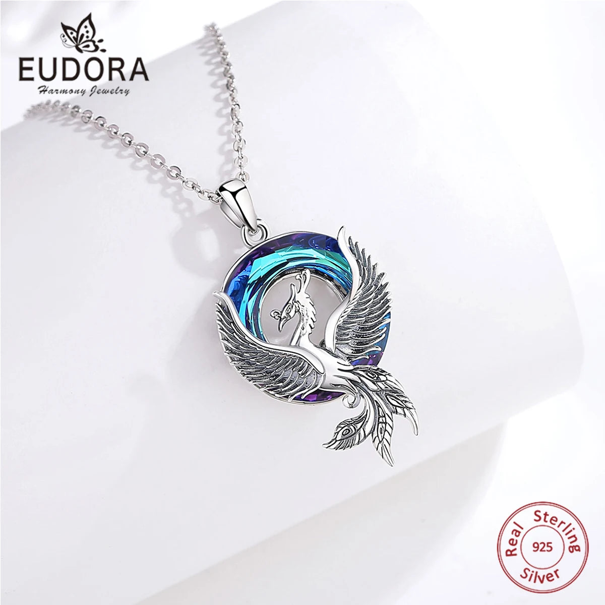 Phoenix Amulet Necklace with Austrian Crystal, S925 Sterling Silver