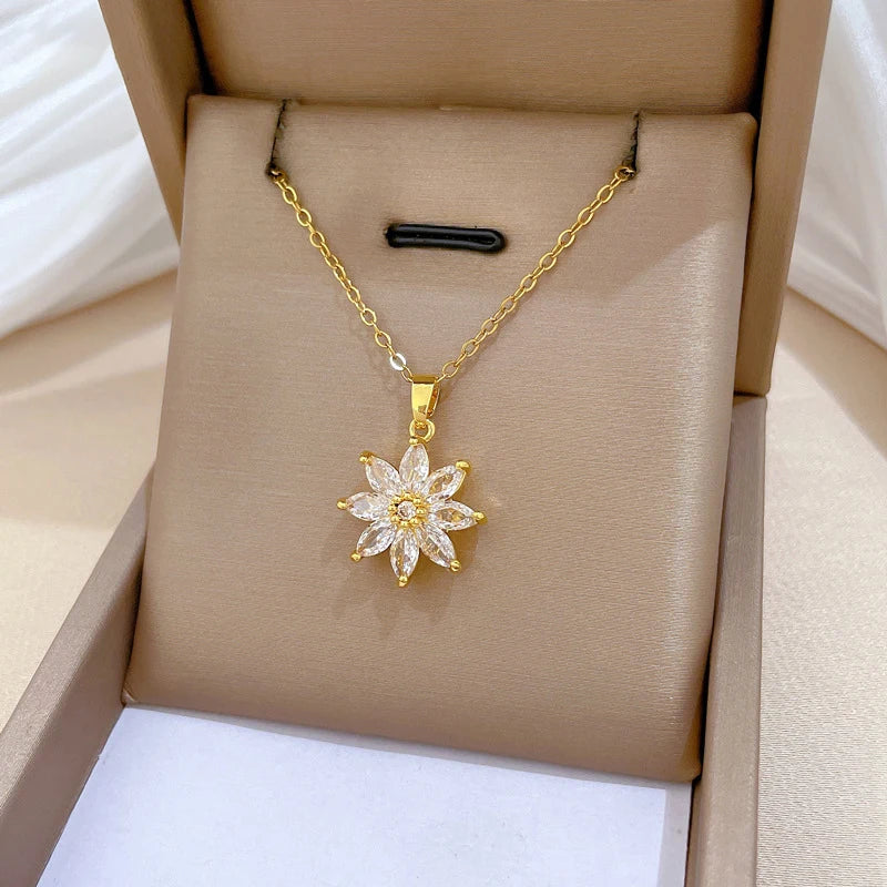 White Crystal Petal Lotus Flower Bud Pendant Necklace, Stainless Steel Waterproof Chain
